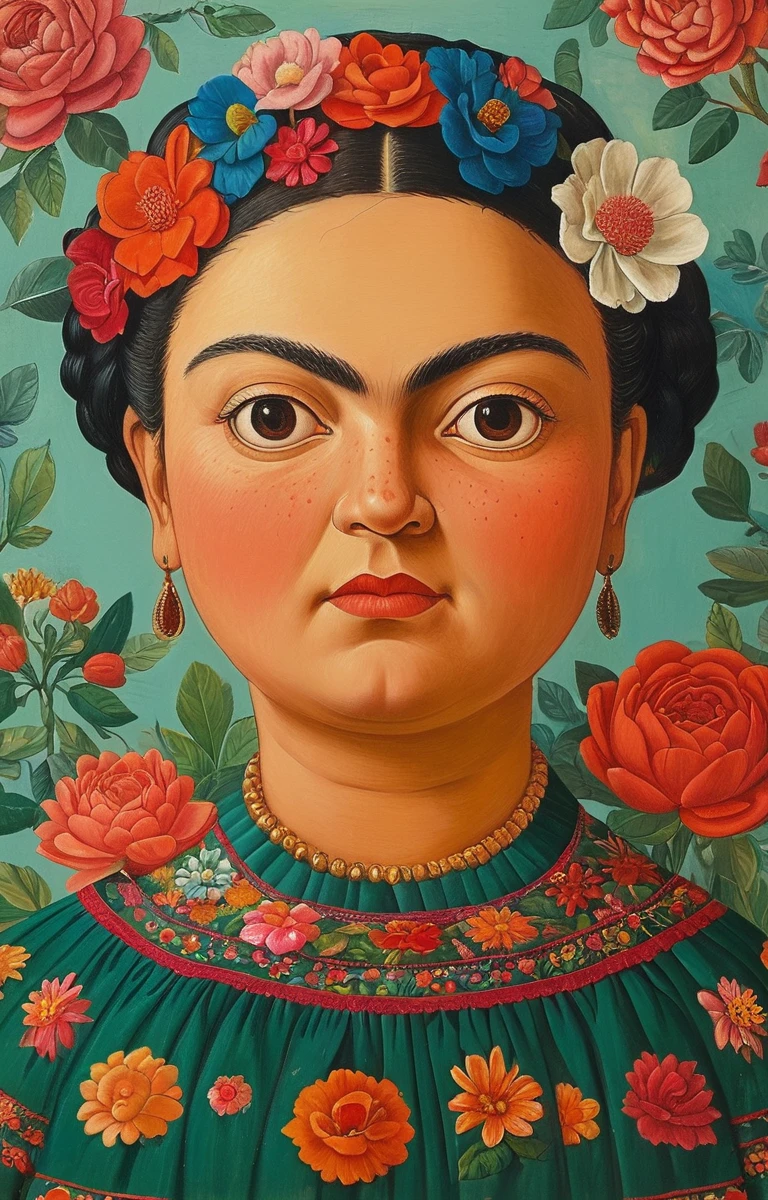 masterpiece,best quality,frida kahlo big eyebrow large eyebrow unibrow woman colorful dress flowers,illustration,style of Fernando Botero,