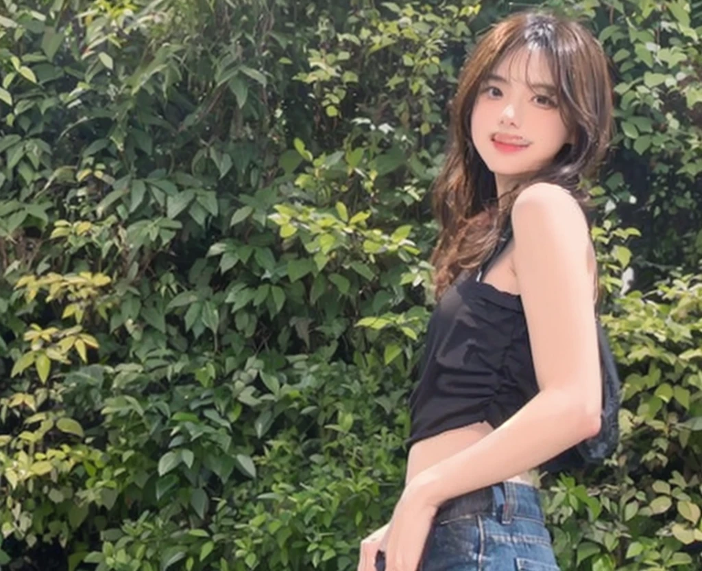 The background is in front of the house、Black short sleeves attire