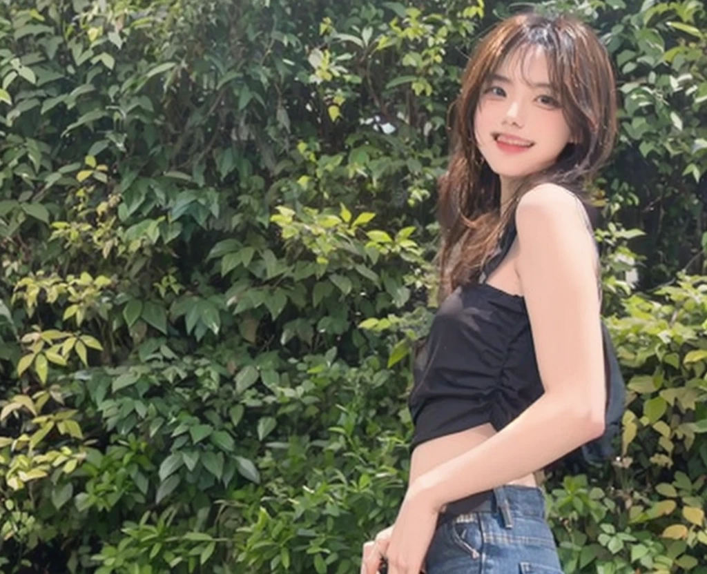 The background is in front of the house、Black short sleeves attire