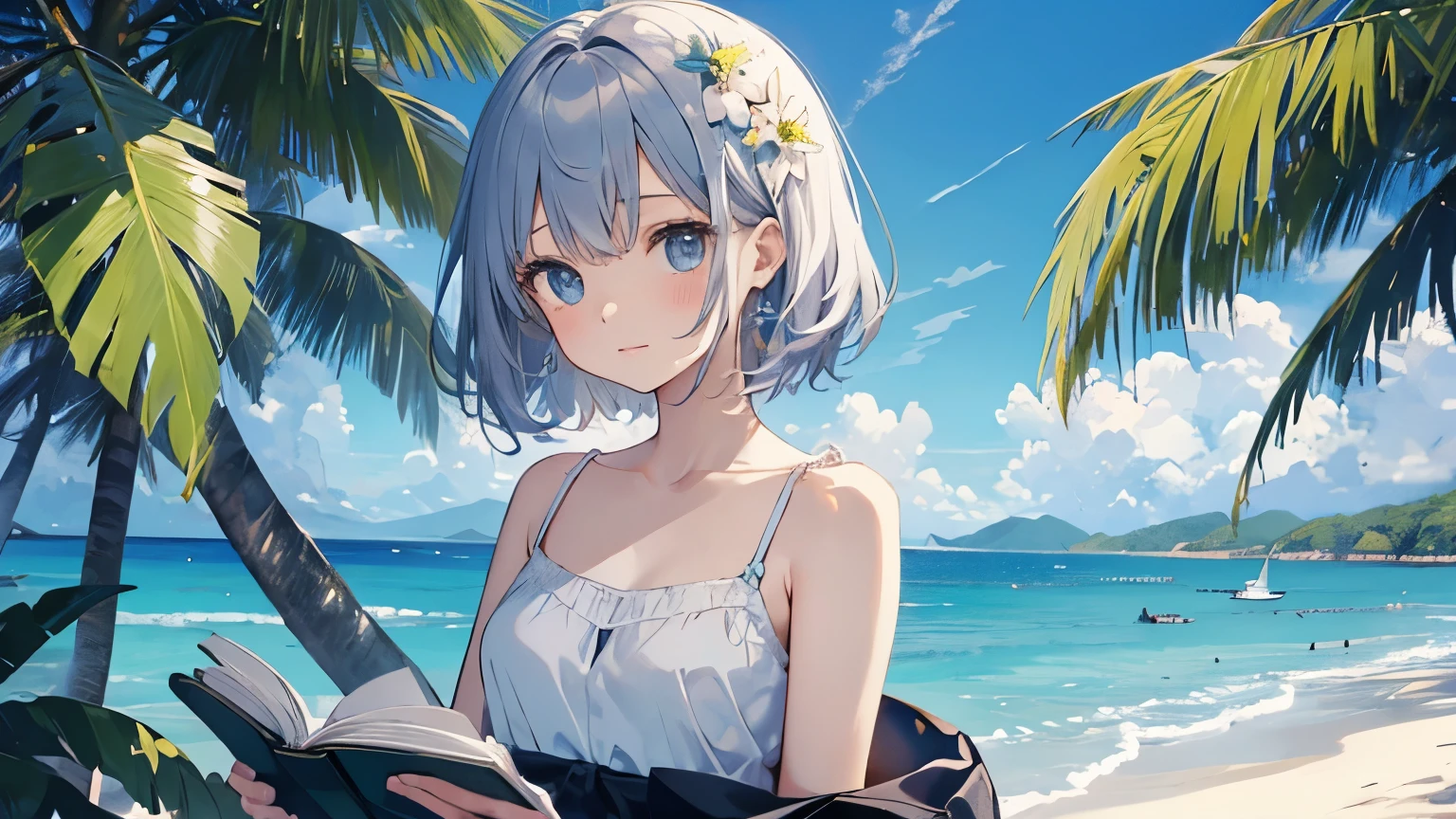 (Cute older sister:1.3)、((Very detailed)) sky、((1 person)),,White camisole,I have a book,Ocean,Tropical atmosphere,Summer sky