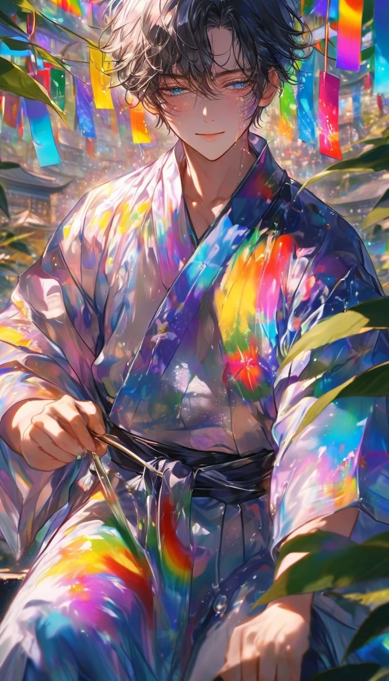 Tanabata、Strip、Bamboo leaf、Stripに願いをこめて、Stripを持っている、Grilling in a yukata,fluid,Particles of light, dream-like,Sparkling,dream-like glow,Paint drips,oil,strong stroke,Paint drips,Splash Paint Drop, oil,(Abstract:1.2)A boy made up of(Tanabataライトトレース:1.25),Change to (Radioluminescence light tracking) スタイルTanabata,(Cowboy Shot,Above Knee Portrait:1.25),Temple Fair,Summer festival,Shining in rainbow colors、16K, Ultra-high resolution, to be born,wonderful ,future、Iridescent、The world 30 years from now。