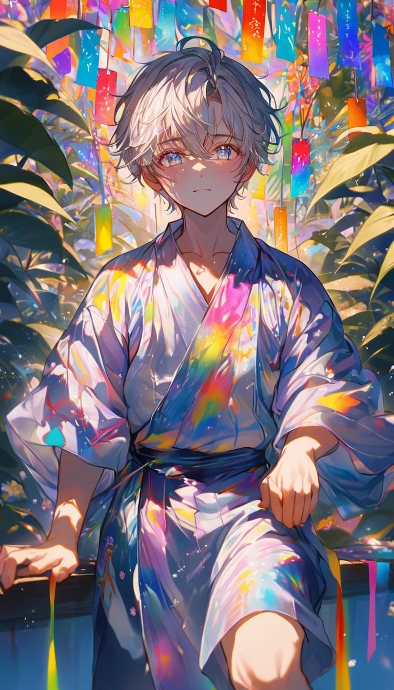 Tanabata、Strip、Bamboo leaf、Stripに願いをこめて、Stripを持っている、Grilling in a yukata,fluid,Particles of light, dream-like,Sparkling,dream-like glow,Paint drips,oil,strong stroke,Paint drips,Splash Paint Drop, oil,(Abstract:1.2)A boy made up of(Tanabataライトトレース:1.25),Change to (Radioluminescence light tracking) スタイルTanabata,(Cowboy Shot,Above Knee Portrait:1.25),Temple Fair,Summer festival,Shining in rainbow colors、16K, Ultra-high resolution, to be born,wonderful ,future、Iridescent、The world 30 years from now。