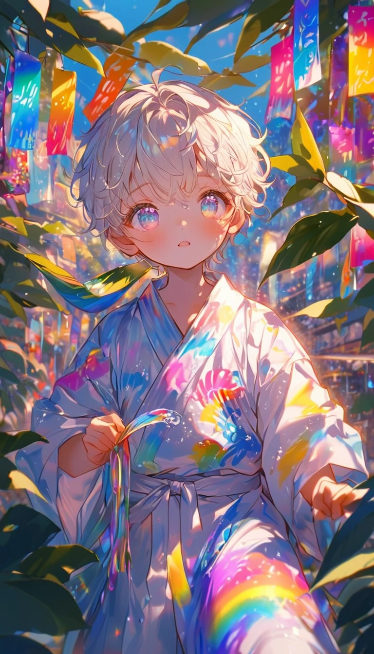 Tanabata、Strip、Bamboo leaf、Stripに願いをこめて、Stripを持っている、Grilling in a yukata,fluid,Particles of light, dream-like,Sparkling,dream-like glow,Paint drips,oil,strong stroke,Paint drips,Splash Paint Drop, oil,(Abstract:1.2)A boy made up of(Tanabataライトトレース:1.25),Change to (Radioluminescence light tracking) スタイルTanabata,(Cowboy Shot,Above Knee Portrait:1.25),Temple Fair,Summer festival,Shining in rainbow colors、16K, Ultra-high resolution, to be born,wonderful ,future、Iridescent、The world 30 years from now。