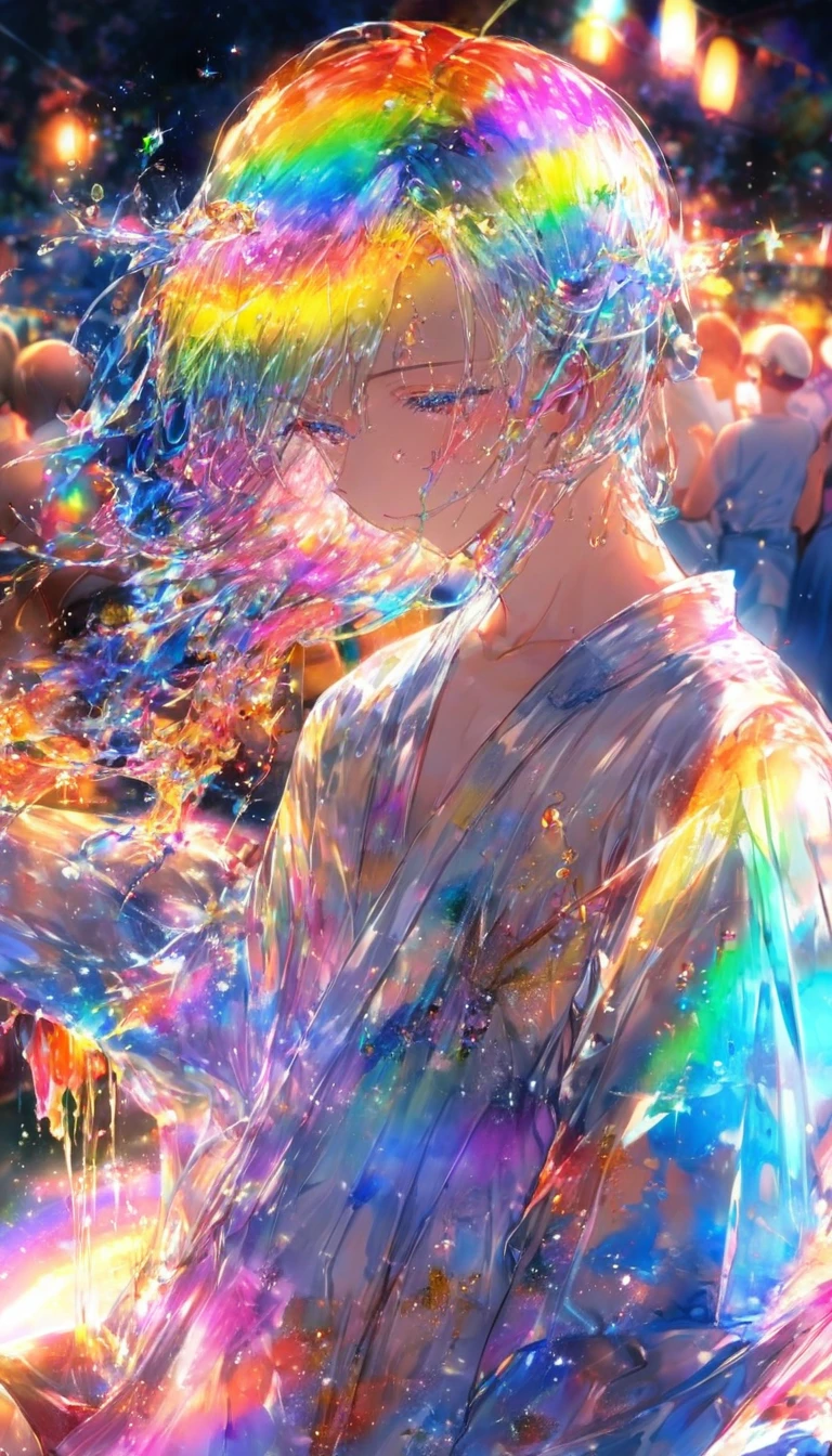 Tanabata、Strip、Bamboo leaf、Stripに願いをこめて、Stripを持っている、Grilling in a yukata,fluid,Particles of light, dream-like,Sparkling,dream-like glow,Paint drips,oil,strong stroke,Paint drips,Splash Paint Drop, oil,(Abstract:1.2)A boy made up of(Tanabataライトトレース:1.25),Change to (Radioluminescence light tracking) スタイルTanabata,(Cowboy Shot,Above Knee Portrait:1.25),Temple Fair,Summer festival,Shining in rainbow colors、16K, Ultra-high resolution, to be born,wonderful ,future、Iridescent、The world 30 years from now。