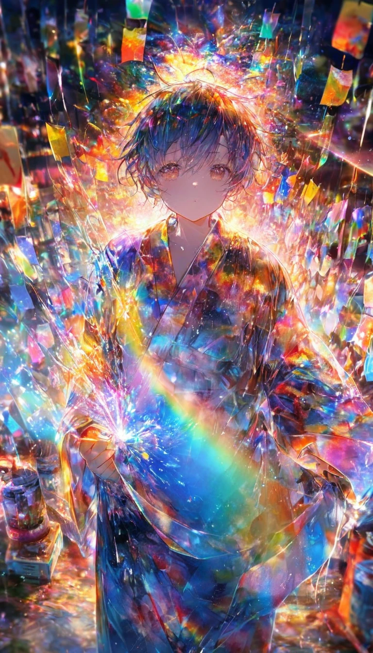 Tanabata、Strip、Bamboo leaf、Stripに願いをこめて、Stripを持っている、Grilling in a yukata,fluid,Particles of light, dream-like,Sparkling,dream-like glow,Paint drips,oil,strong stroke,Paint drips,Splash Paint Drop, oil,(Abstract:1.2)A boy made up of(Tanabataライトトレース:1.25),Change to (Radioluminescence light tracking) スタイルTanabata,(Cowboy Shot,Above Knee Portrait:1.25),Temple Fair,Summer festival,Shining in rainbow colors、16K, Ultra-high resolution, to be born,wonderful ,future、Iridescent、The world 30 years from now。