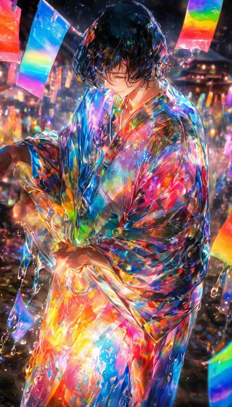 Tanabata、Strip、Bamboo leaf、Stripに願いをこめて、Stripを持っている、Grilling in a yukata,fluid,Particles of light, dream-like,Sparkling,dream-like glow,Paint drips,oil,strong stroke,Paint drips,Splash Paint Drop, oil,(Abstract:1.2)A boy made up of(Tanabataライトトレース:1.25),Change to (Radioluminescence light tracking) スタイルTanabata,(Cowboy Shot,Above Knee Portrait:1.25),Temple Fair,Summer festival,Shining in rainbow colors、16K, Ultra-high resolution, to be born,wonderful ,future、Iridescent、The world 30 years from now。