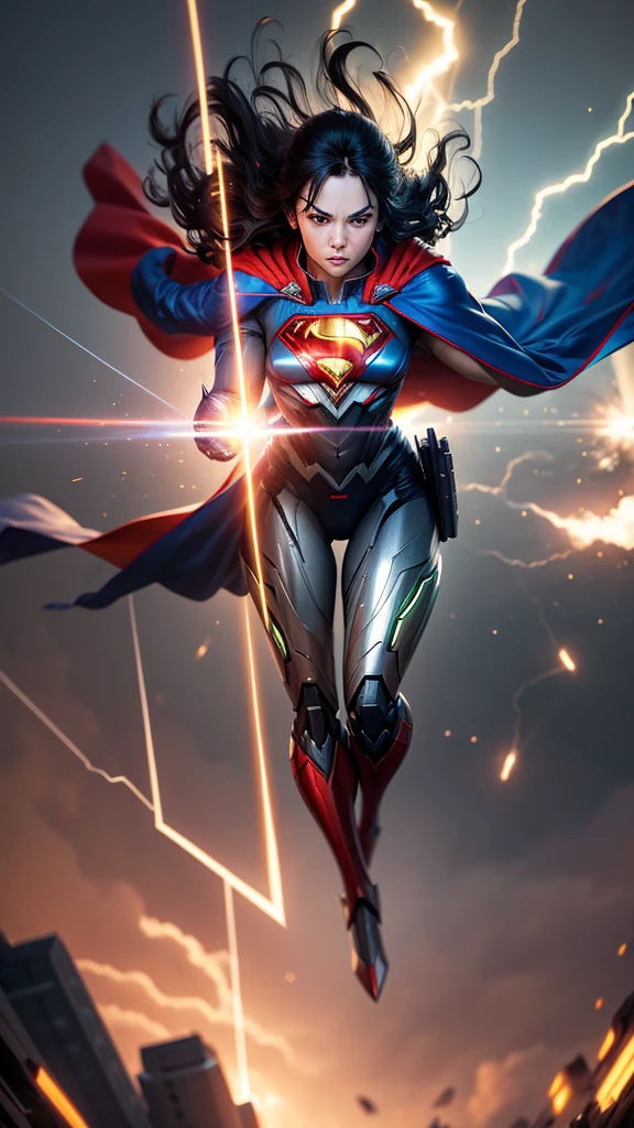 Masterpiece, best quality, NVIDIA RTX, sharp picture, cinematic lightning, ((hi-tech futuristic Superman)), ((Superman symbol)), ((flying away from explosion)), full of anger, perfect face, proportional body, luminous mecha-armor:1.3, glowing mecha armor:1.3, (cape blown by strong winds:1.3), full body, epic lights reflection, night, smokes, from above