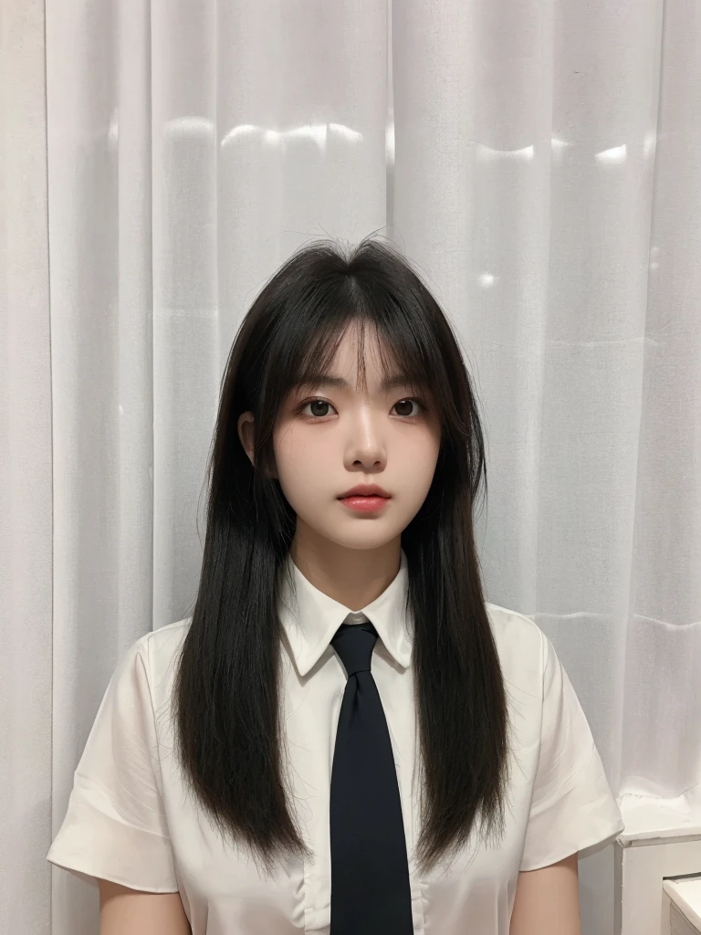 Best Quality, 8k, Masterpiece, (Portrait: 1.3), (photo realistic:1.4), (hyper realistic:1.4), Sharp Focus, looking at viewer, (smoother lighting:1.1), (increase cinematic lighting quality:0.9), realistic lighting, backlighting, light on face, ray trace, (brightening light:1.2), (Increase quality:1.4), sharp detail, (best quality real texture skin:1.4), finely detailed eyes, black_eyes, finely detailed face, 25 year old Korean woman, (white formal_shirt:1.4), (Create an image maintaining the original base model hairstyle:1.5)