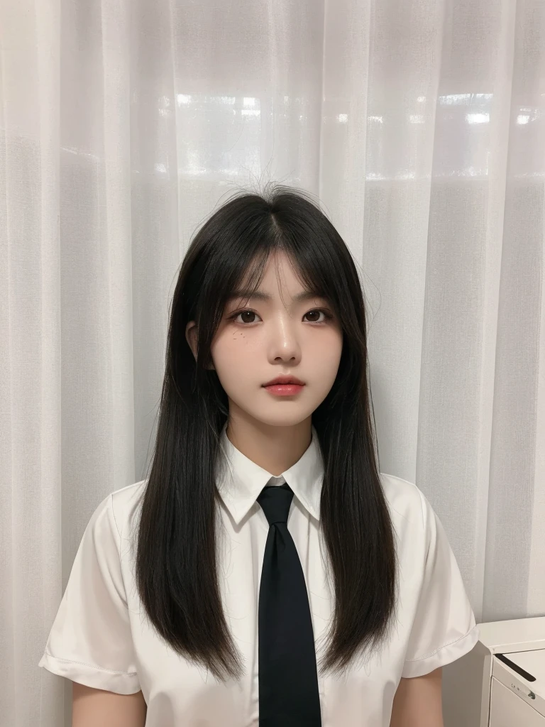 Best Quality, 8k, Masterpiece, (Portrait: 1.3), (photo realistic:1.4), (hyper realistic:1.4), Sharp Focus, looking at viewer, (smoother lighting:1.1), (increase cinematic lighting quality:0.9), realistic lighting, backlighting, light on face, ray trace, (brightening light:1.2), (Increase quality:1.4), sharp detail, (best quality real texture skin:1.4), finely detailed eyes, black_eyes, finely detailed face, 25 year old Korean woman, (white formal_shirt:1.4), (Create an image maintaining the original base model hairstyle:1.5)