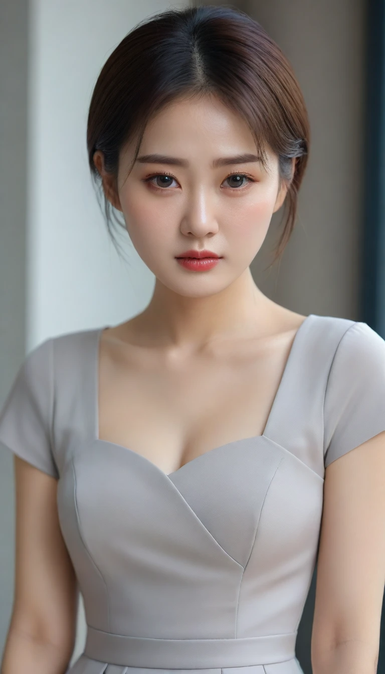 Close up of beautiful Korean woman, 34 inch chest size,Wearing a thin luxury brand short-sleeved dress, Short hair. waist line visible. sad expression. uhd