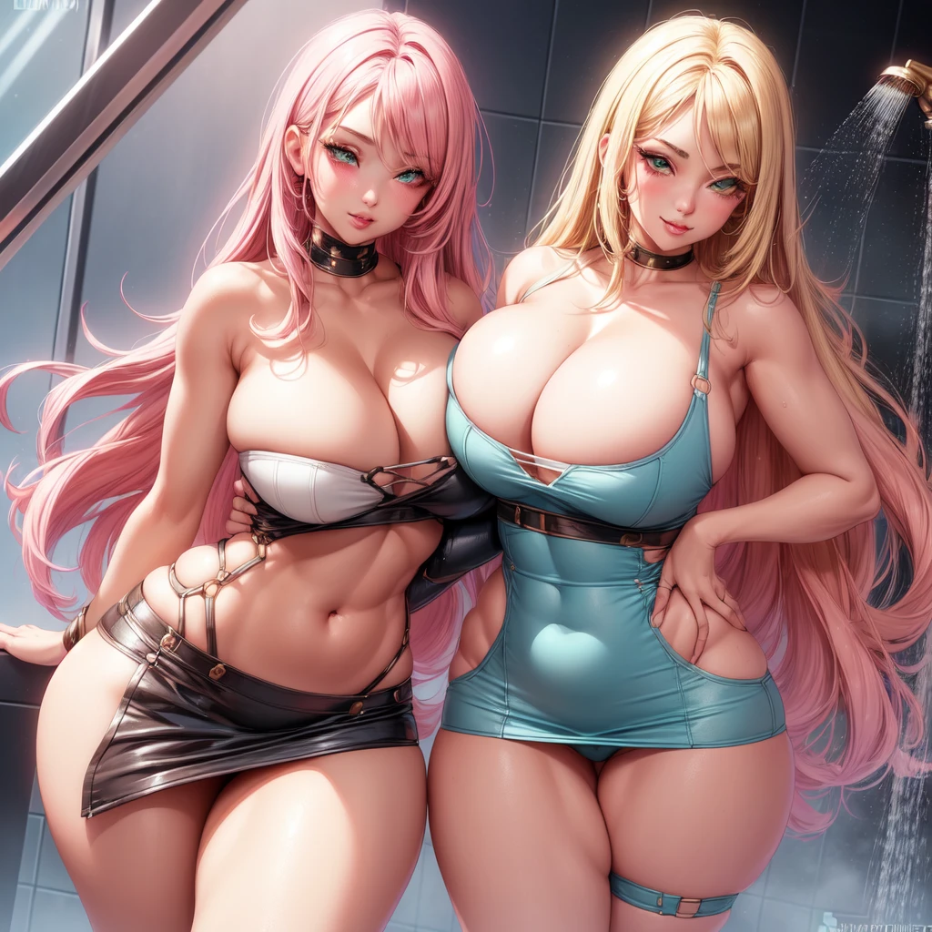 ((1 girls), solo, clevage, Big round breasts, trendy, stylish, clevage, thighs, hips, realistic, pink hair, blonde hair, light green eyes, lip gloss, detailed face, amazing big eyes, eye details, big lips, eyebrow details, blush, confident, dominant, bdsm, smirk, naughty, mischevious face, HD, good quality, curvy, standing up, thick thighs, attractive, amazing body, perfect body, slim thick, bathroom, shower, biniki 