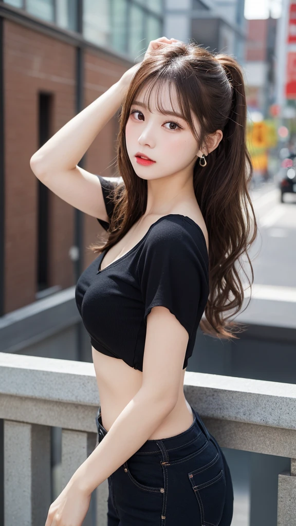 [[[Super detailed]]], [[[Realistic]]], [[[Depth of written boundary]]], whole body, return, Tilt your head, Incredibly detailed, Longuet, 1 girl, 30 years old, Very long hair, Curly Hair, High Ponytail, Light brown hair, Beautiful and fine hair, Perfect Face, Delicate arms and hands, Thin legs, White skin, Earrings, Larger clothes, Large top sleeve, Black trousers, Open clothes, Cityscape, delicate returnground, blurry returnground, Very delicate and beautiful, [[[wallpaper 8k CG]]], [[[Highest quality]]], [[[finest masterpiece]]],
Her face was red with embarrassment.