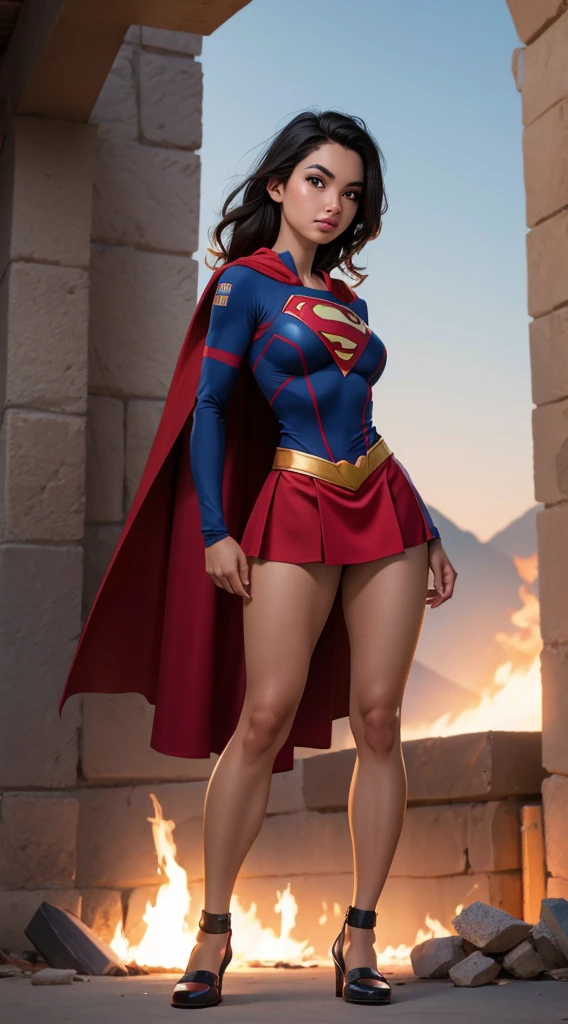 motor irreal:1.4,CG ultra realista 64K, fotorrealista:1.4, textura de la piel:1.4, obra maestra:1.4,posing behind Beautiful woman in a Superman costume standing in front of a fire apocalyptic city, mostrando vientre plano,red miniskirt, ,beautiful fine hands,