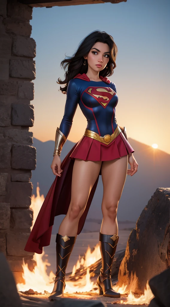 motor irreal:1.4,CG ultra realista 64K, fotorrealista:1.4, textura de la piel:1.4, obra maestra:1.4,posing behind Beautiful woman in a Superman costume standing in front of a fire apocalyptic city, mostrando vientre plano,red miniskirt, ,beautiful fine hands,