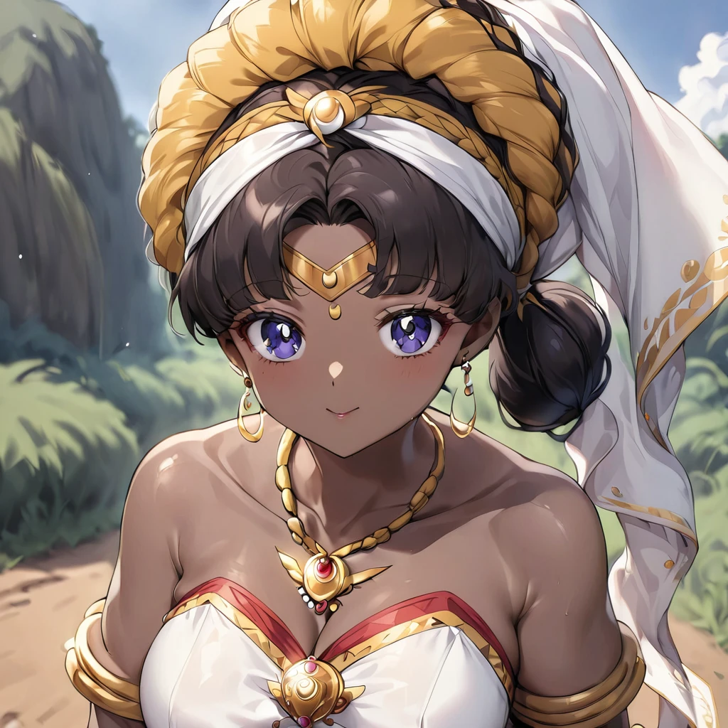 ((Highest quality)), ((masterpiece)), (detailed), (Perfect Face)、The woman is a Ghanaian born Tsukino Usagi with a vivid dark skin, black by birth, and is wearing a colorful Ghanaian dress from a Ghanaian village, a colorful turban head scarf, gorgeous jeweled accessories, and an engagement ring.、The woman is the elegant Tsukino Usagi, with her short black afro hair tied up in a Ghana braid, wearing a colorful Ghanaian dress and a colorful turban head scarf, with vibrant dark brown skin, a natural-born black person, and a natural-born Ghanaian, Tsukino Usagi.、(The woman is a black Ghanaian with vivid dark brown skin.)、The woman is raising children and doing village work with other village girls in her village in Ghana.