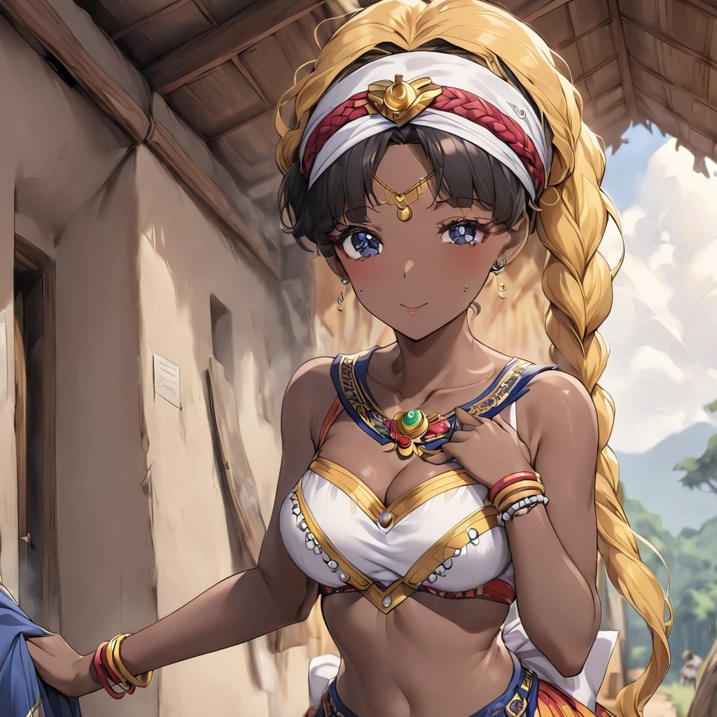 ((Highest quality)), ((masterpiece)), (detailed), (Perfect Face)、The woman is a Ghanaian born Tsukino Usagi with a vivid dark skin, black by birth, and is wearing a colorful Ghanaian dress from a Ghanaian village, a colorful turban head scarf, gorgeous jeweled accessories, and an engagement ring.、The woman is the elegant Tsukino Usagi, with her short black afro hair tied up in a Ghana braid, wearing a colorful Ghanaian dress and a colorful turban head scarf, with vibrant dark brown skin, a natural-born black person, and a natural-born Ghanaian, Tsukino Usagi.、(The woman is a black Ghanaian with vivid dark brown skin.)、The woman is raising her with other village girls in a village in Ghana.、The women are pregnant、The women are holding their baby daughters、There are many children around