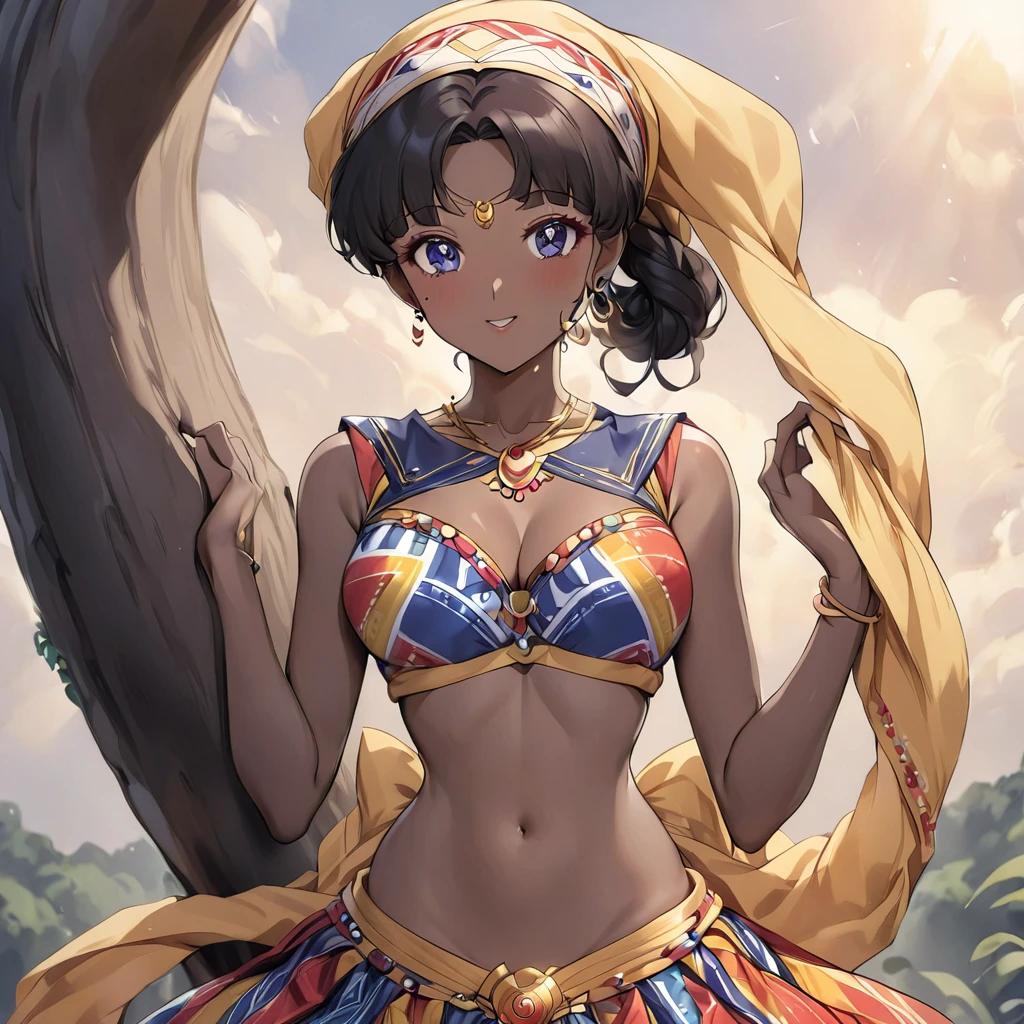 ((Highest quality)), ((masterpiece)), (detailed), （Perfect Face）、The woman is a Ghanaian born Tsukino Usagi with a vivid dark skin, black by birth, and is wearing a colorful Ghanaian dress from a Ghanaian village, a colorful turban head scarf, gorgeous jeweled accessories, and an engagement ring.、The woman is the elegant Tsukino Usagi, with her short black afro hair tied up in a Ghana braid, wearing a colorful Ghanaian dress and a colorful turban head scarf, with vibrant dark brown skin, a natural-born black person, and a natural-born Ghanaian, Tsukino Usagi.、（The woman is a black Ghanaian with vivid dark brown skin.）、The woman is raising children and doing village work with other village girls in her village in Ghana.