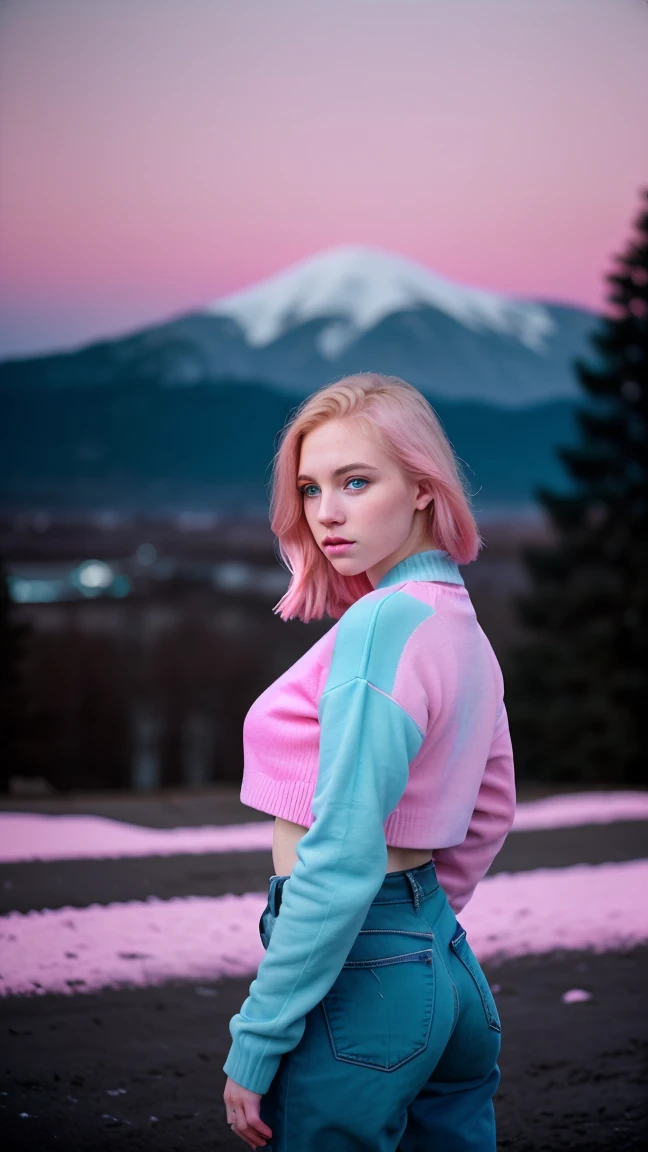 Analog photography featuring a melancholic American adult model (Ivy Snow) amidst the shadows of a dimlit mountain at night, blonde curvy-girl (18yo, Smokey eyes, very pale skin(PORCELAIN SKIN), large breasts, tightened thighs, huge ass, Chubby blonde-girl)-Bold pink-lips, Pout face expression. Her bright blue-eyes(piercing through the darkness). Ivy Snow relaxes at home in a cozy oversized sweater paired with distressed boyfriend jeans, capturing a comfortable yet stylish everyday look. Standing all in CANDID poses, with her hands holding a plastic-bag. The photograph captures the cold and foggy of the night(with its Sad atmosphere and the sense that something oppressive is about to unfold). A subtle haze and a soft focus on the background enhance the quality of the image, (backlighting), Horror movie effects, The natural light casts long shadows, accentuating the desaturated colors and oppressive & frost atmosphere of this vintage-photography-style image. A 70mm grainy film captures the scene, with a bokeh effect softening the focus, -enhancing the overall composition.(((in a pink/teal colors palette theme))), Dutch Angle/Tilt: The camera is tilted to create a sense of disorientation or artistic tension. (((in a NEON pink/INDIGO colors palette theme)))