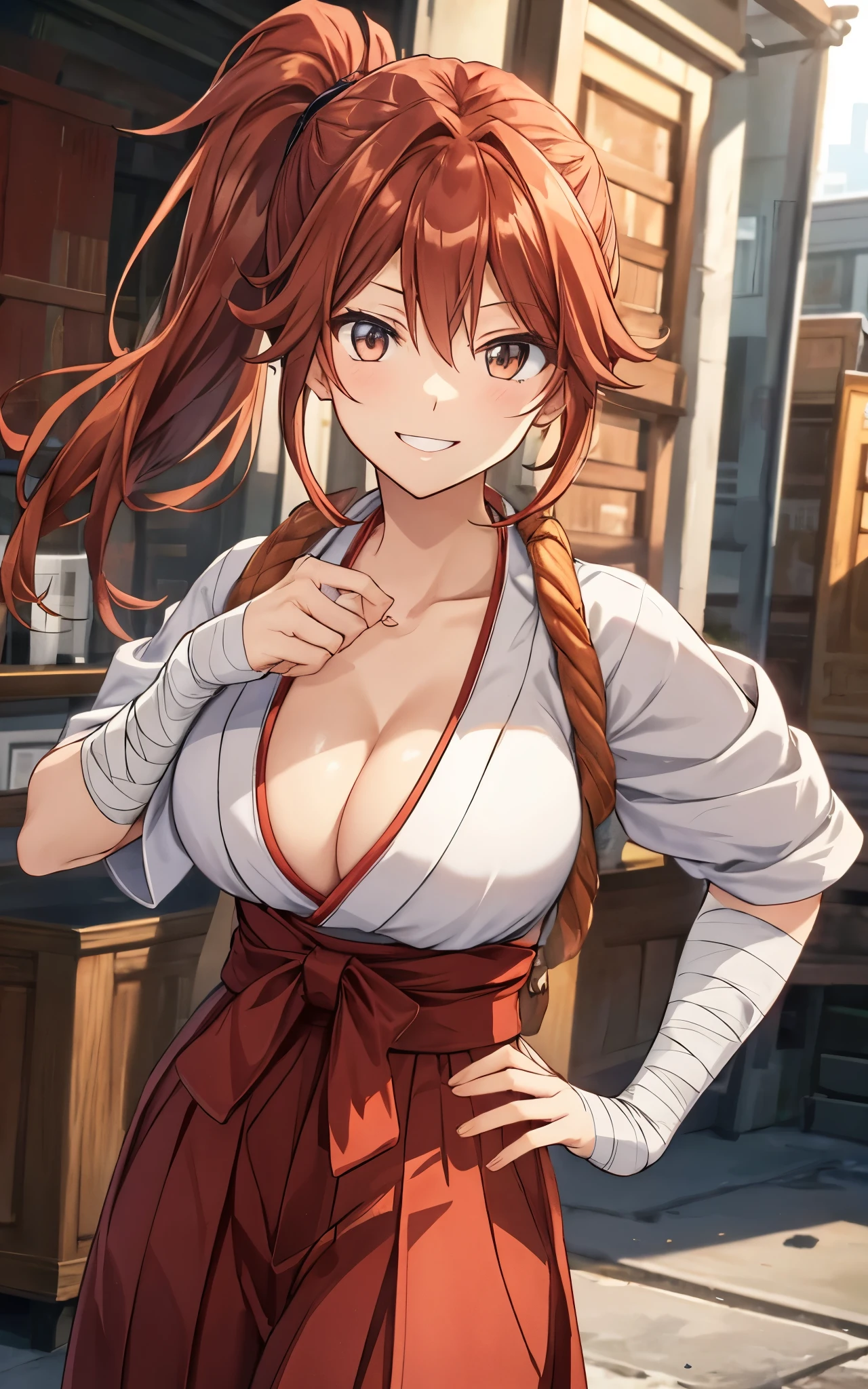 ((upper body)),hatshi,a woman, vermilion eyes, vermilion ponytail on the right side, bandages, shrine maiden's outfit, red hakama,huge breasts, cleavage,smile, Hands on Hips, masterpiece,Noise Reduction,perfect anatomy,high resolution, ultra-detailed,game cg,dutch angle ,beautiful detailed eyes,visualart,five fingers, perfect hands, perfect lighting,