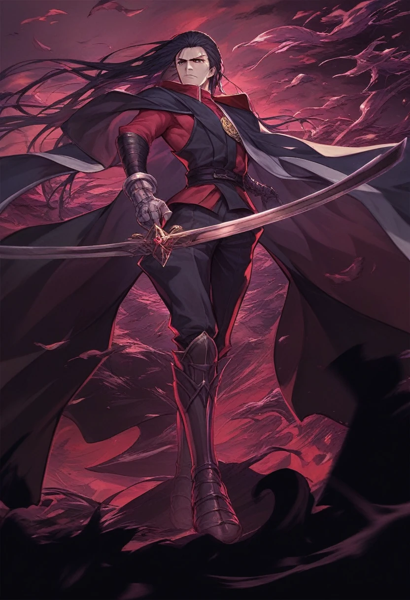 anime character with a sword and a cape standing in front of a red sky, beautiful male god of death, from overlord, shalltear bloodfallen, the former demon king, demon slayer artstyle, trigger anime artstyle, detailed key anime art, shalltear from overlord, anime epic artwork, portrait of ninja slayer, zerochan art