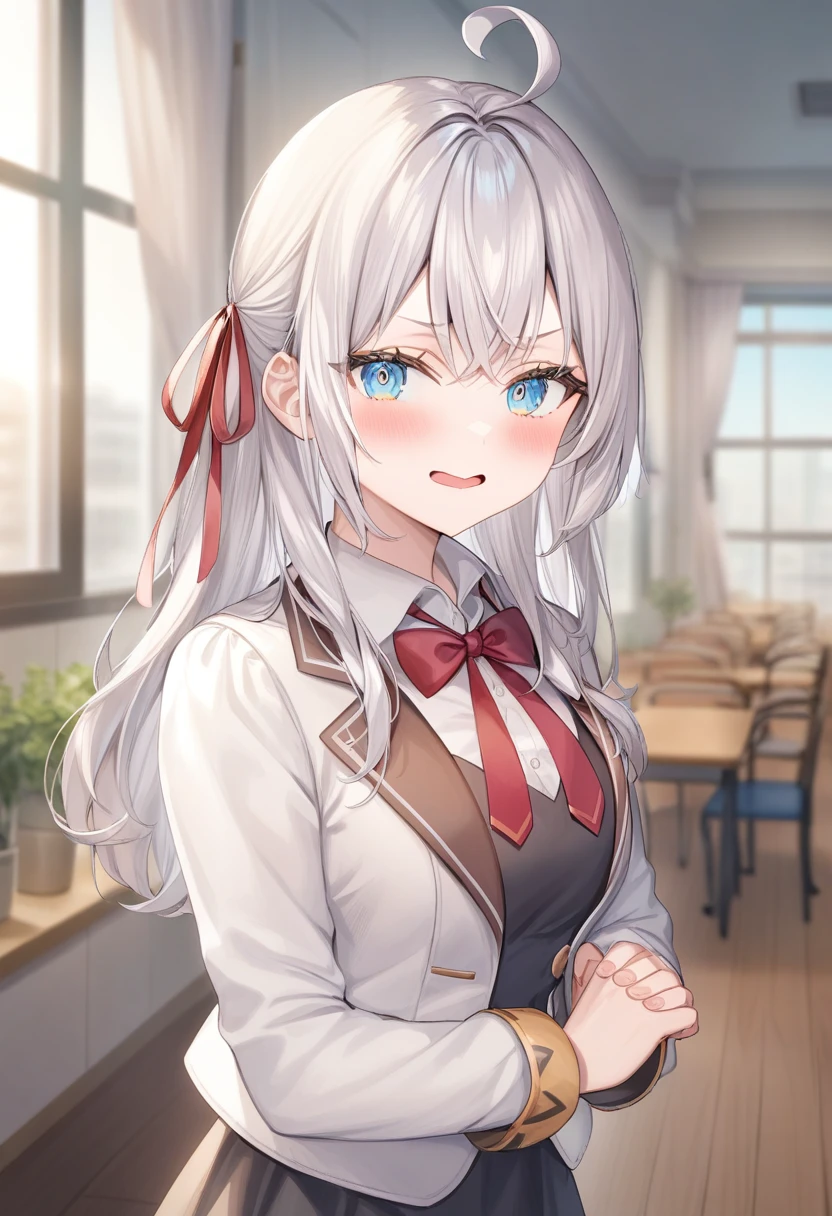 One girl,  Alisa Mikhailovna Kujo,Tomorrow, my friend, Arya-san, will be visiting Russia.,alone, Long Hair, Eyebrows visible through hair, Hair between the eyes, Silver Hair, Hair Ribbon, blue eyes, Medium chest, ,Long sleeve, Jacket,