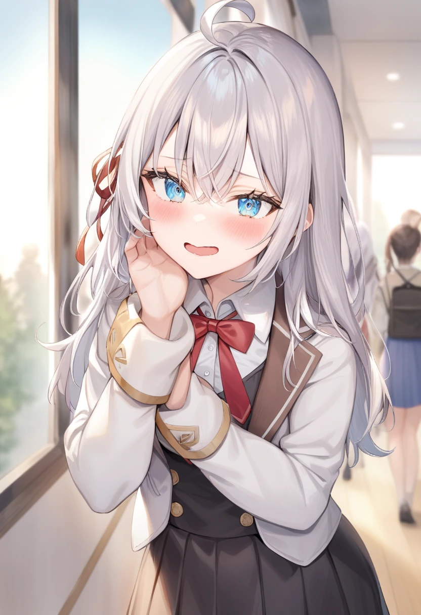 One girl, Alisa Mikhailovna Kujo,Tomorrow, my friend, Arya-san, will be visiting Russia.,alone, Long Hair, Eyebrows visible through hair, Hair between the eyes, Silver Hair, Hair Ribbon, blue eyes, Medium chest, ,Long sleeve, Jacket,