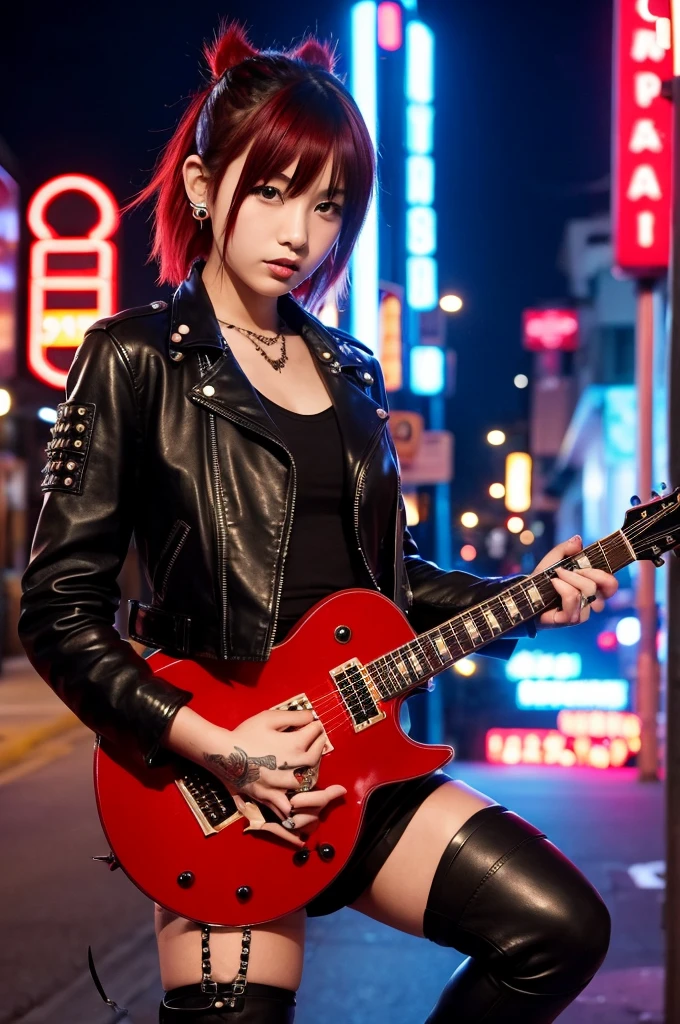 Downtown at night、Japanese young beautiful girl idol、Red Mohawk、Punk Fashion、Expose large breasts、Leather jacket with studs、Naked with a guitar between his legs、Tattoo