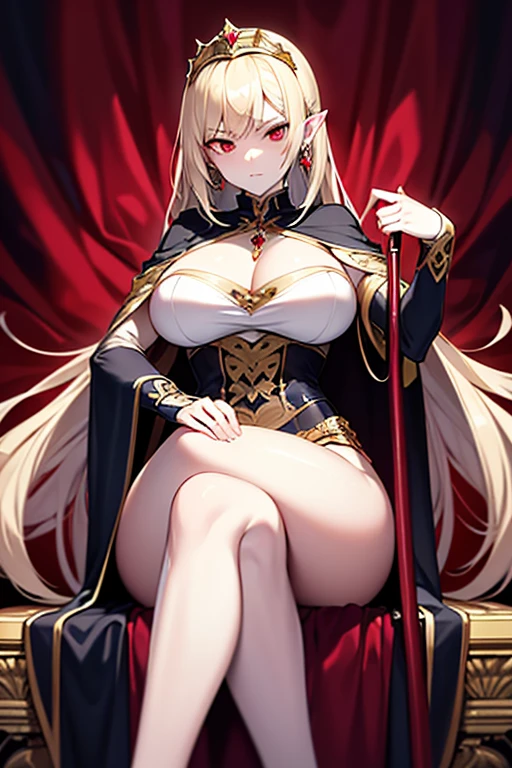 masterpiece, extra limbs, 1vampire lady, 250 years old,((light gold extra long hair)), slant blank ruby red eyes, big breasts, muscle,(pale white finely detailed skin), (serious),(((clothed empress))),hair ornaments,earrings,cape,evil sword,crossed legs,sitting on throne,old castle,midnight 