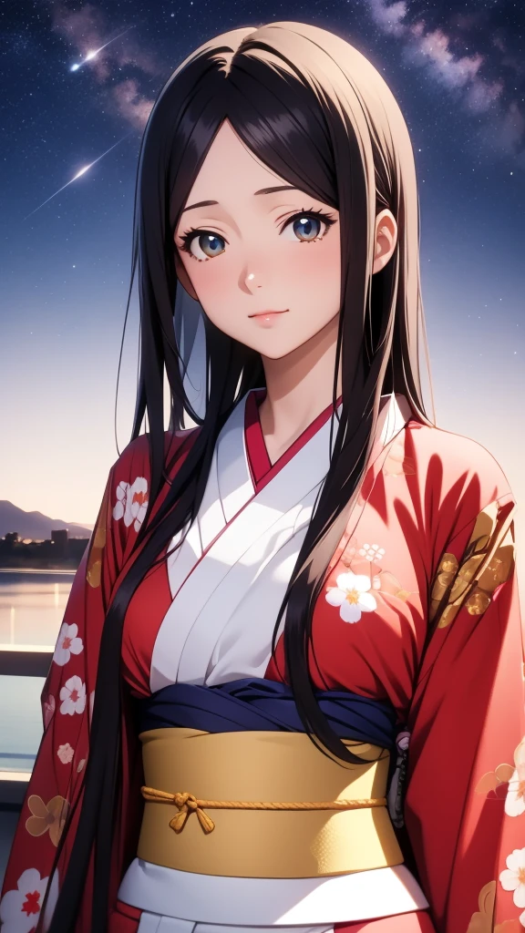 anime, 1 woman, 20 years old, Black Hair, Orihime,kimono,milky way,Starry Sky