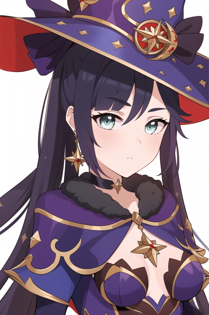 Highest quality, masterpiece, Mona, Witch Hat, Body stockings, Removable sleeves, choker, Hair Ribbon, Earrings, Capelet, View your viewers, Upper Body, Genshin Impact,