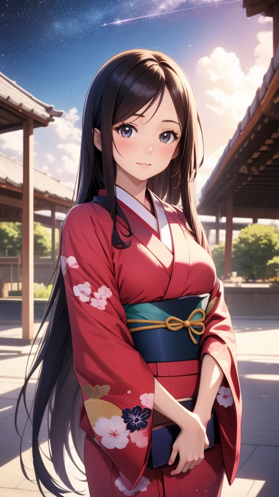 anime, 1 woman, 20 years old, Black Hair, Orihime,kimono,milky way,Starry Sky