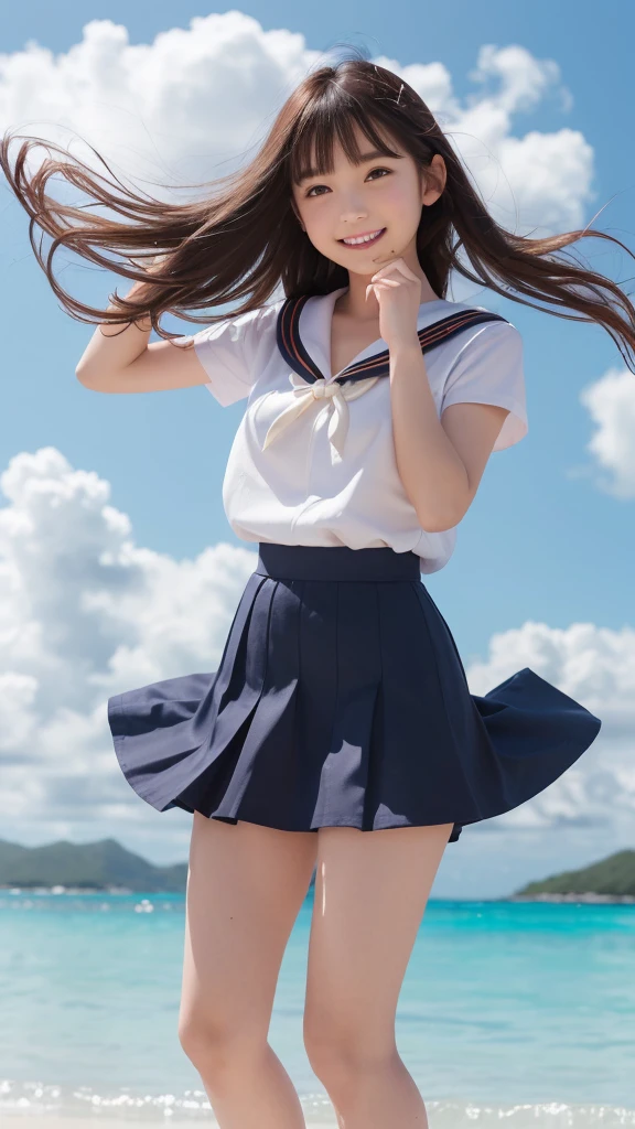 1girl,(((Okinawa ocean)))、(((White sand beaches in Okinawa)))、(((Just join your hands and pray)))、(((Mysterious look)))、8k UHD、Digital single-lens reflex camera、High resolution、Shallow depth of field、Natural light、(((オフショルダーで腕を上げて美しい脇の下をみせてくれる)))、(((Sailor suit)))、(((navy blue super mini skirt)))、(((A sparkling, charming smile)))、(((Full body photography)) )、Small person、(((Young face)))、1 Japanese female、;beautiful girl、(Black Hair)、A strong wind blows up my skirt、(((Brown eyes)))、Glowing Skin、Smooth Thinning Hair、Long Hair、Detailed background、Detailed eyes and face、Clear Eyes、Cute smile、Calm atmosphere、(((stage)))、(((Small breasts)))、(((Beautiful Eyes)))、Flat chest、Children、(((Toned thighs))) 、(((Angle from below) ))、(((Fine lips)))、(((Skirt fluttering)))、Shining beautiful legs、( Skirt fluttering violently in the strong wind :1.4), (hair blowing in the strong wind:1.4), (leaning forward)、barefoot、barefoot、((((A skirt flipped up by a strong wind))))