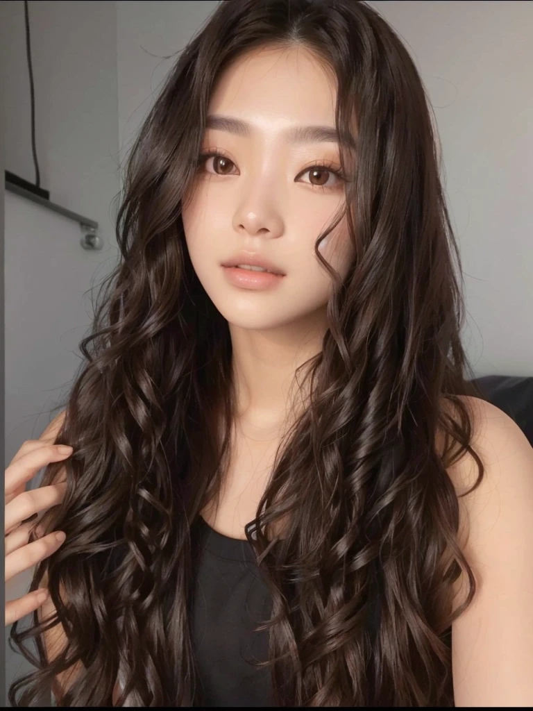 a close up of a woman coreana with long encaracolado hair and a black top, mulher asiática long encaracolado hair, long messy encaracolado hair, long encaracolado hair intricate, with long encaracolado hair, encaracolado long hair, encaracolado, brown encaracolado hair, long dark encaracolado hair, long encaracolado brown hair, encaracolado hair, encaracolado haired, messy encaracolado hair, with a encaracolado perm, encaracolado brown hair