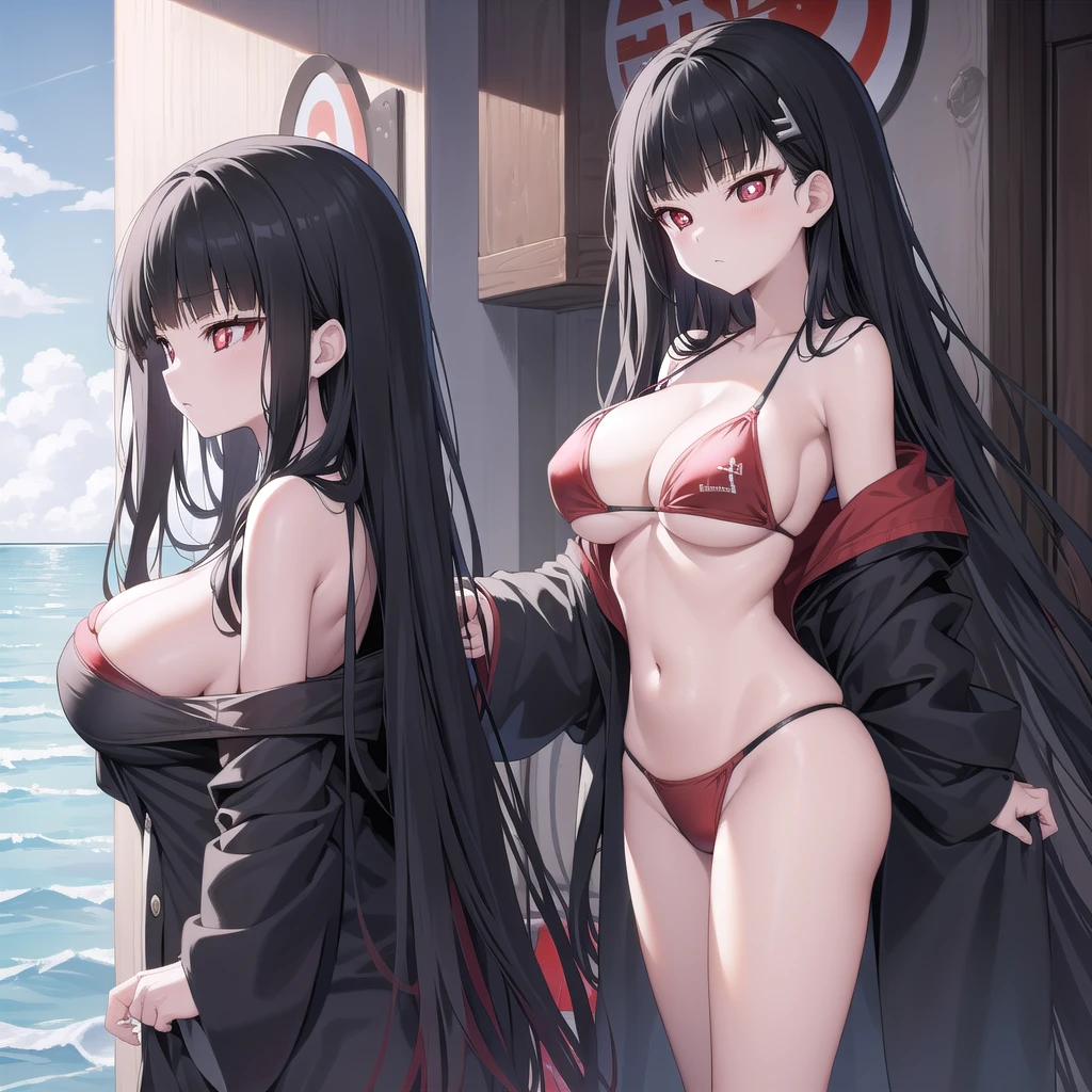 Rivertsukatsuki, River, black hair, (red eyes:1.5), hair ornament, hairclip, Halation, long hair,
、Extremely large breasts(7200)、Gorgeous jewel design bikini、Off-the-shoulder see-through cardigan