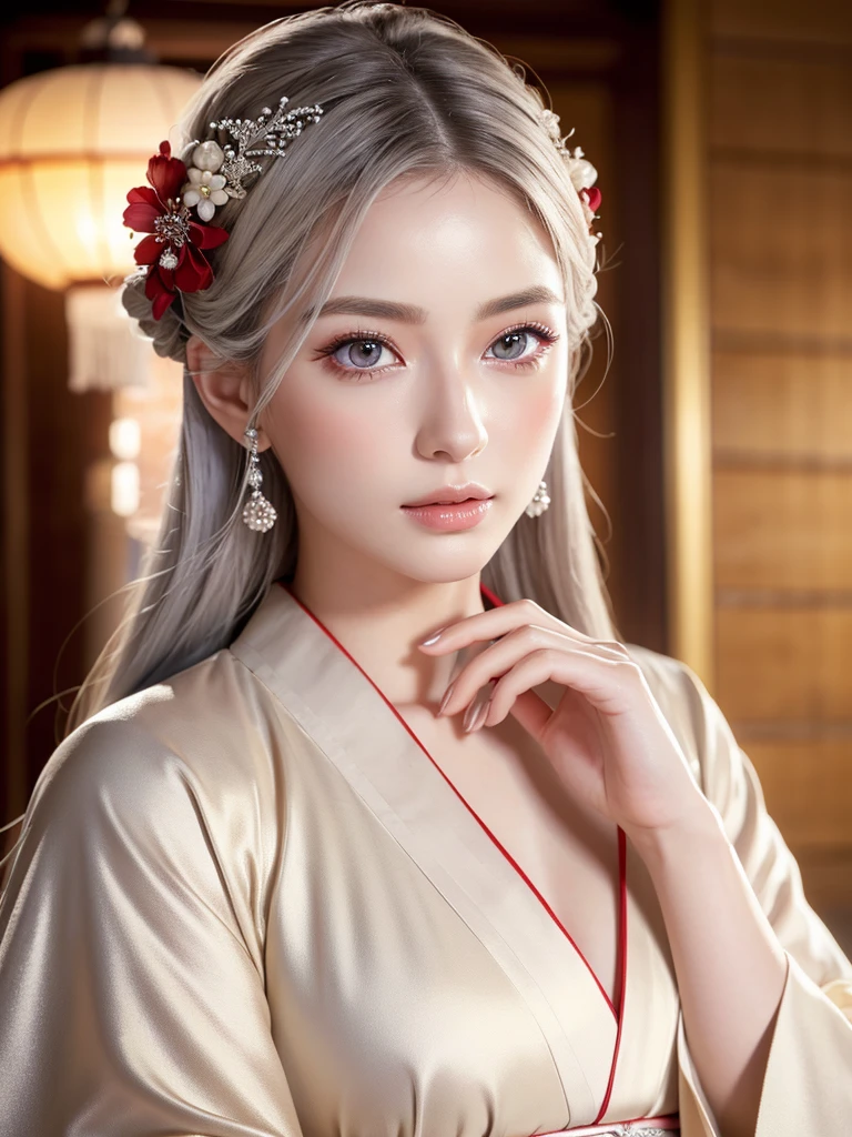 beautiful detailed eyes, beautiful detailed lips, extremely detailed eyes and face, long eyelashes, 1girl, silver hair, pale skin, flawless skin, red and white kimono, ornaments, ancient temple, dramatic lighting, ethereal, elegant, serene, vibrant colors, glowing skin, delicate features, intricate details, (best quality,8k,highres,masterpiece:1.2),ultra-detailed,(realistic,photorealistic,photo-realistic:1.37)