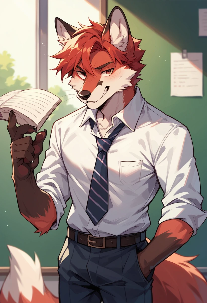 (highest resolution, Dynamic HDR, 4K, full HD) , furry, About 30 years old, หมาป่าขนbrown, ตัวbrown, brown_eyes, Random clothes, A little embarrassed, shrink, upper body, round_cornea ,muscle ,Professor ,teacher ,Big one, cute