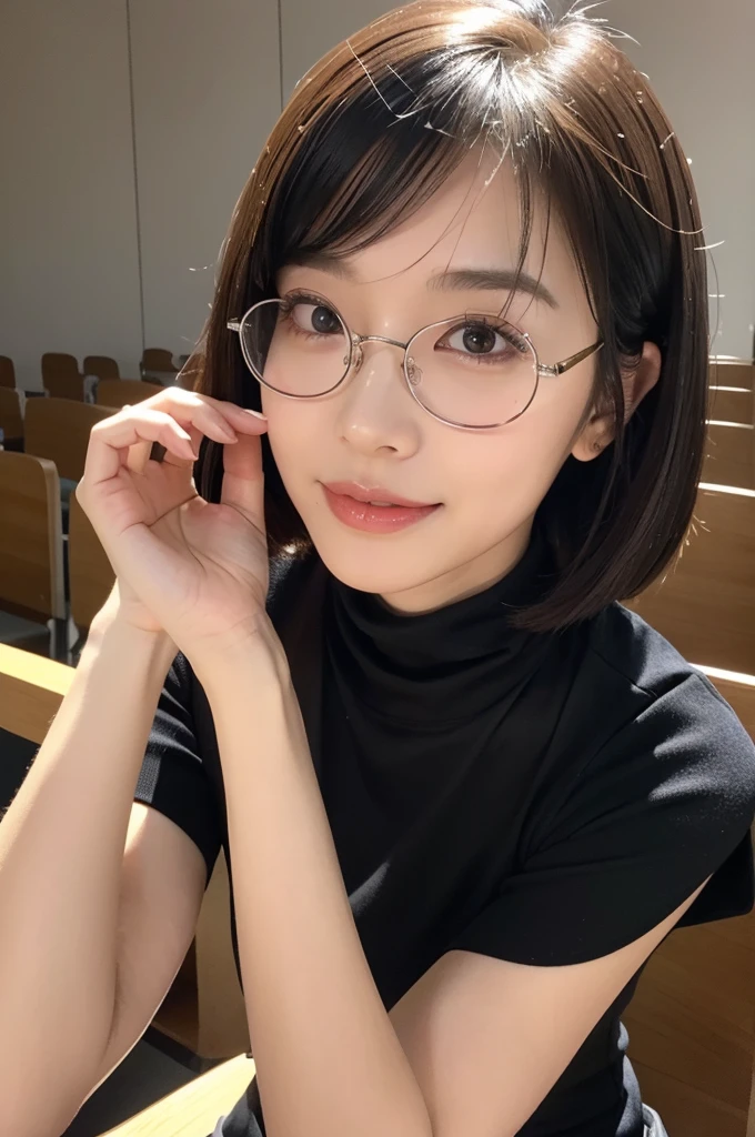 University lecture hall, university psychology associate professor, ((full body)), ((photo)), ((best qualtiy, 8K, tmasterpiece:1.3)), Focus:1.2, perfect figure beautiful woman:1.4, 1woman, cowboy shot, look at viewer, eyes facing the camera, incredibly absurd, beautiful and cute woman with a photorealistic face, showcasing top-quality craftsmanship, A Japanese woman giving a lecture at a university lecture hall, 27 years old, with a bob cut and flipped hair, short bangs swept at an angle, smooth and shiny hair, natural hairline, fair and smooth skin, plump and healthy cheeks, large, jet black eyes, round eyes, long and upward-facing eyelashes, double eyelids, thin and straight eyebrows, small and round nose, plump lips, upturned corners of the mouth, charming smile, cute face, glamorous, well-balanced proportions, tall, beautiful D-cup breasts, silver-rimmed glasses, pink blouse, black tight skirt, fashion with a waist-marked silhouette, scarf, heeled shoes, vanilla perfume, beautiful, pretty older woman, glasses suit her, knowledgeable, playful, curious, intelligent, elegant, November