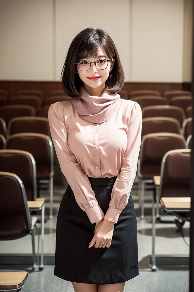 University lecture hall, university psychology associate professor, ((full body)), ((photo)), ((best qualtiy, 8K, tmasterpiece:1.3)), Focus:1.2, perfect figure beautiful woman:1.4, 1woman, cowboy shot, look at viewer, eyes facing the camera, incredibly absurd, beautiful and cute woman with a photorealistic face, showcasing top-quality craftsmanship, A Japanese woman giving a lecture at a university lecture hall, 27 years old, with a bob cut and flipped hair, short bangs swept at an angle, smooth and shiny hair, natural hairline, fair and smooth skin, plump and healthy cheeks, large, jet black eyes, round eyes, long and upward-facing eyelashes, double eyelids, thin and straight eyebrows, small and round nose, plump lips, upturned corners of the mouth, charming smile, cute face, glamorous, well-balanced proportions, tall, beautiful D-cup breasts, silver-rimmed glasses, pink blouse, black tight skirt, fashion with a waist-marked silhouette, scarf, heeled shoes, vanilla perfume, beautiful, pretty older woman, glasses suit her, knowledgeable, playful, curious, intelligent, elegant, November