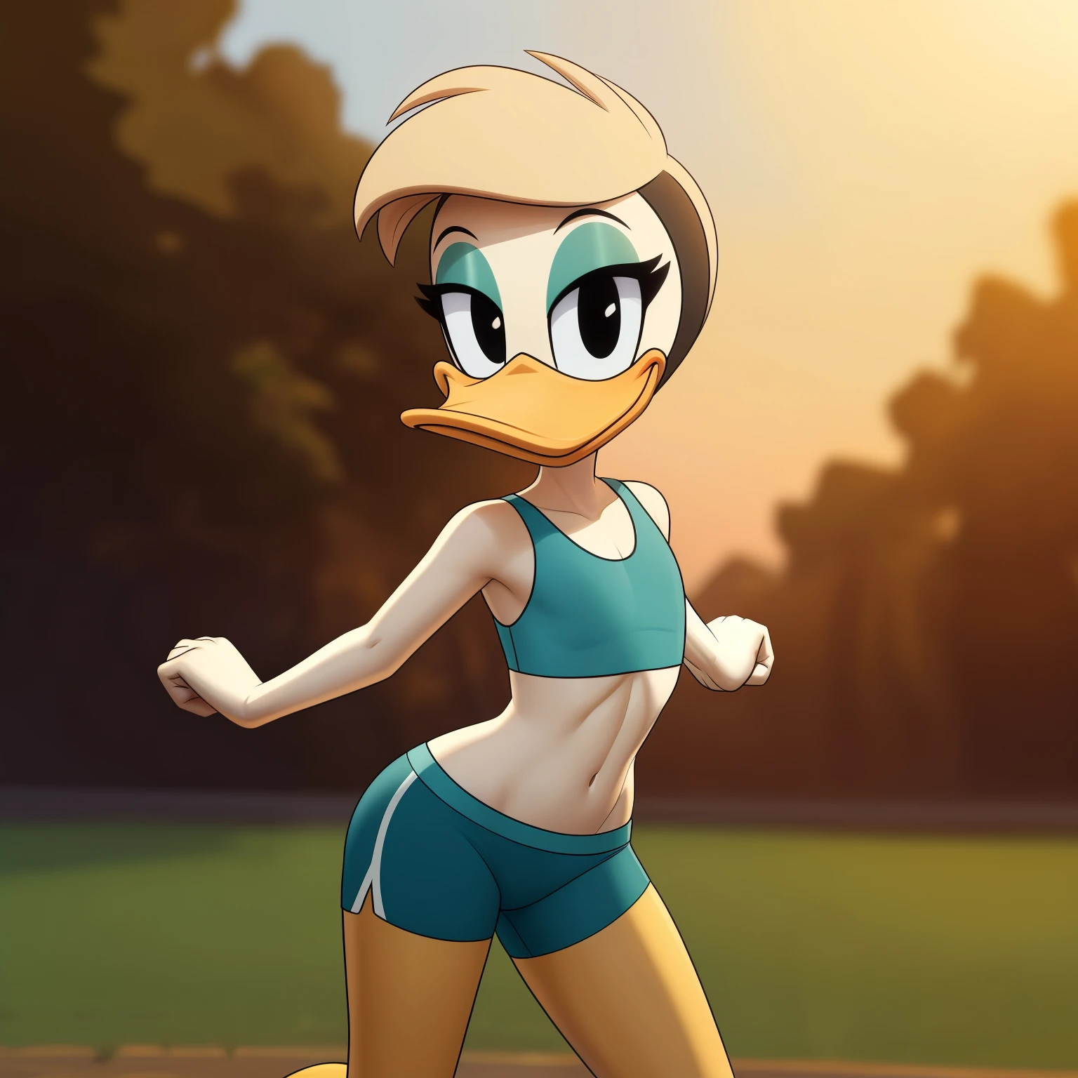 photorealism, duck, Betsy Duck, detailed background, outside, eyeshadow, tan hairstyle, cartoon, (flat chested), (yellow legs: 1.2), smiling, happy, ducktales

wear cyan sports bra, cyan shorts, stretching her arms, intricate, detailed

simple black eyes, detailed, intricate, skinniest torso, (showing her torso)

highest quality, (detailed white skin:1.3), (looking at the viewer), (soft cinematic light:1.1) ,