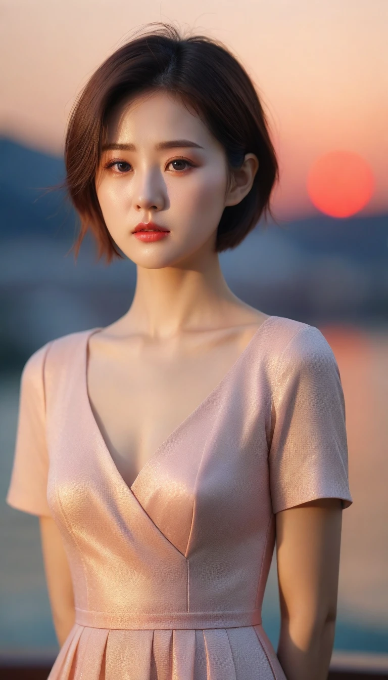 Close up of beautiful Korean woman, 34 inch chest size,Wearing a thin luxury brand short-sleeved dress, Short hair. waist line visible. sad expression. Bokeh Photos, red glow of the sunset.uhd