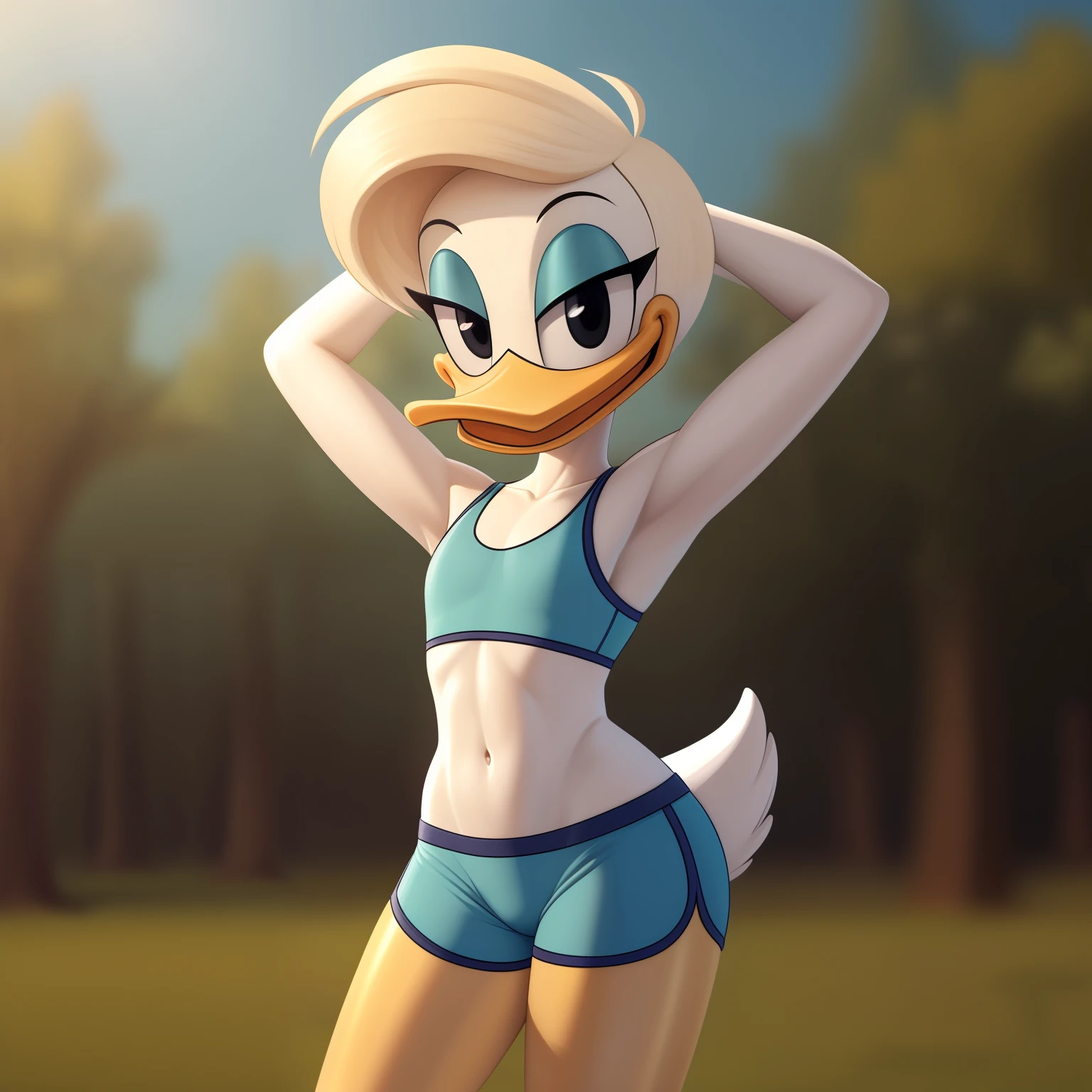 photorealism, duck, Betsy Duck, detailed background, outside, eyeshadow, tan hairstyle, cartoon, (flat chested), (yellow legs: 1.2), smiling, happy, ducktales

wear cyan sports bra, cyan shorts, stretching her arms, intricate, detailed

simple black eyes, detailed, intricate, skinniest torso, (showing her torso)

highest quality, (detailed white skin:1.3), (looking at the viewer), (soft cinematic light:1.1) ,