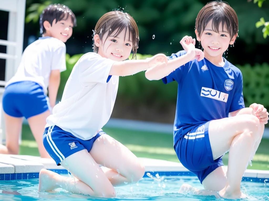 Summer 、Summer swimming pool、Get wet all over、Japan Boy、Glowing water splashes、A good boy dripping with water、Playing innocently、hot day、Two Boys、Various poses、Short sleeve gym uniform、Blue shorts、physical education、barefoot,Boys only 、10age