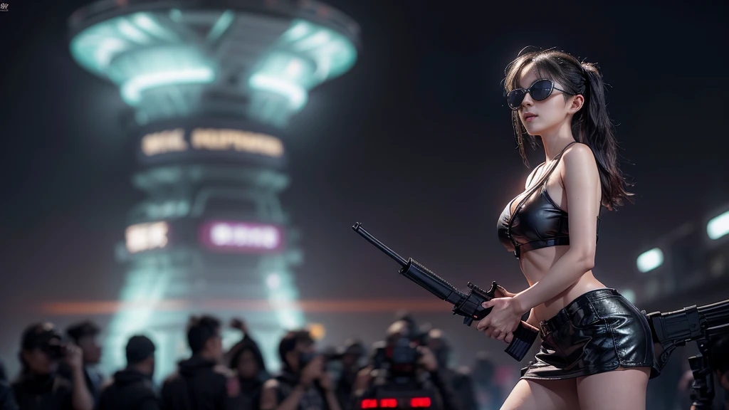 8k, Realistic Skin Texture, Realistic Photo, Neo Tokyo, slim Japanese women, large-breast:1.3 cleavage:1.2, AD2050 at night, Dirty hunting jacket, Wearing tube top, miniskirt, (((black sunglasses, automatic rifle, sneakers, cold, shooting pose, low angle view))), Innovative composition, revenge, cyberpunk, blade runner worldview, Large neon sign, Geisha hologram sign, Strong Wakamoto Sign.