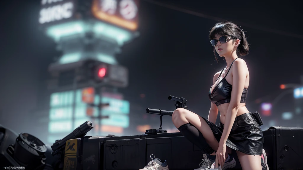 8k, Realistic Skin Texture, Realistic Photo, Neo Tokyo, slim Japanese women, large-:1.3 cleavaAD2050 at night, Dirty hunting jacket, Wearing tube top, miniskirt, (((black sunglasses, automatic rifle, sneakers, cold, shooting pose, low angle view))), Innovative composition, revenge, cyberpunk, blade runner worldview, Large neon sign, Geisha hologram sign, Strong Wakamoto Sign.