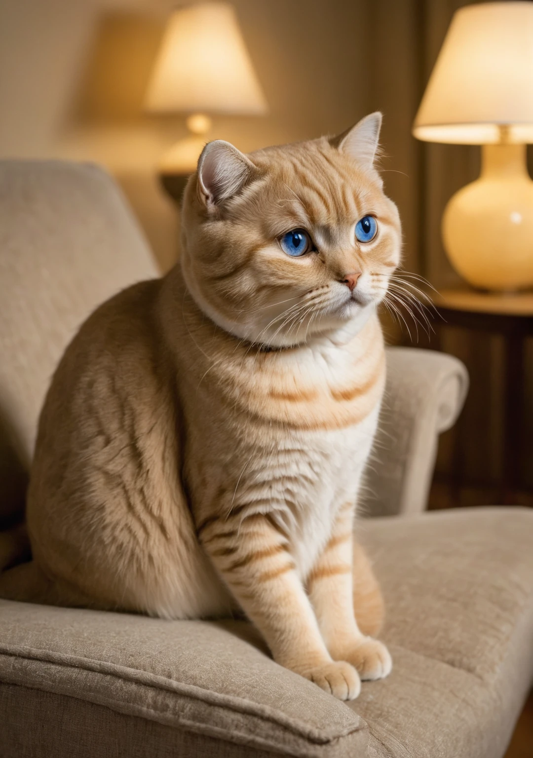 The golden Scottish Fold cat sitting alone in a cozy living room, looking sad and defeated. The cat is anthropomorphic, with large blue eyes, similar to the reference image. The room has a soft, warm light with a sofa, coffee table, and a lamp in the background. The atmosphere is melancholic.
--ar 9:16