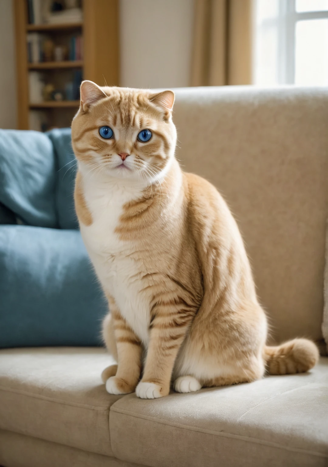 The golden Scottish Fold cat sitting alone in a cozy living room, looking sad and defeated. The cat is anthropomorphic, with large blue eyes, similar to the reference image. The room has a soft, warm light with a sofa, coffee table, and a lamp in the background. The atmosphere is melancholic.
--ar 9:16