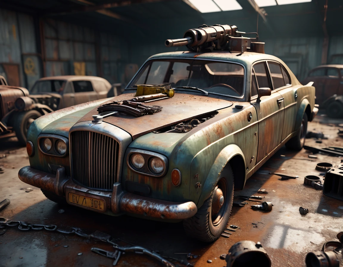 A old Bentley charger made of scrap metal, buzz saw launcher on the roof, post-apocalyptic, rusty, detailed grungy texture, without hood, weathered, worn, battle-damaged, dramatic lighting, cinematic, dystopian, muted colors, gritty, realistic, 8k, high quality, detailed description