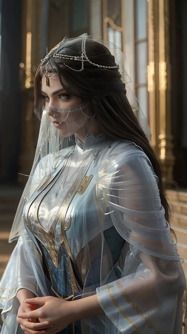 beautiful and elegant cinderella 1990 live - action movie first look, grainy, vhs filter, dominant pose wearing blue tulle cape and cloak, formidable beauty with unimaginable beauty and power, praying and she glistens with crystals all over her dress and cape and cloak and hair and maked up eyes, she has celestial breathtaking beauty that while you look at her you will be completely subdued, she has her pilgrimage for sacred love, she has unimaginable beauty with sacred and holy aura of prophets and satinesses, wearing a translucent veil covering her lips and nose all the way to the neck, ethereal dress, ethereal atmosphere