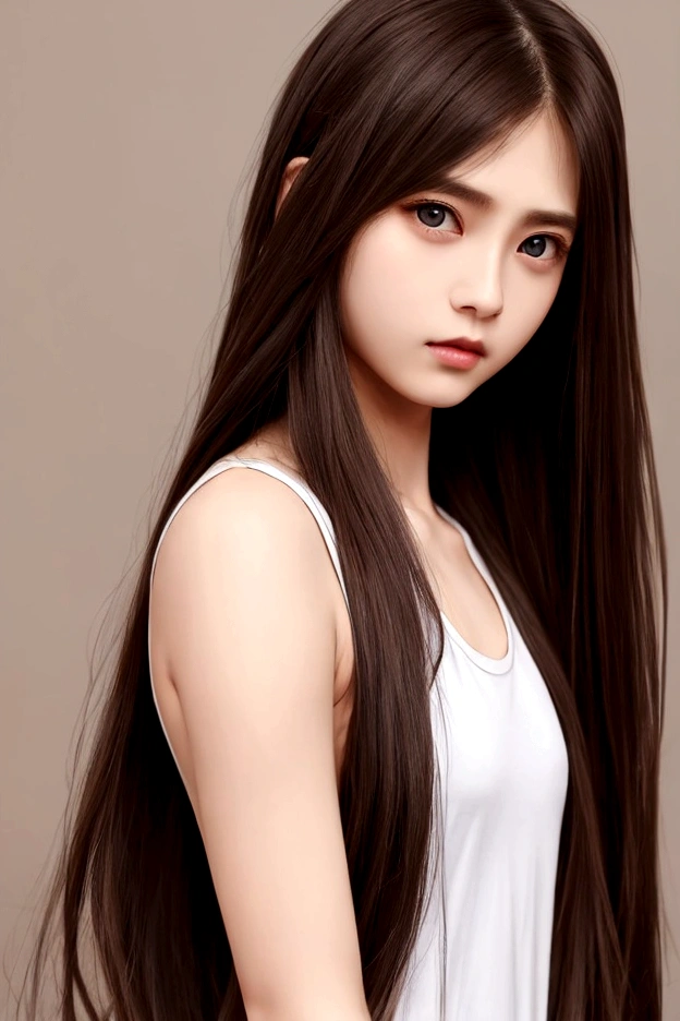Long Hair、Brown Hair、whole body、Various fair skin、Silky Hair、White tank top、Big eyes、A strong-looking, handsome face、24-years-old、slender、