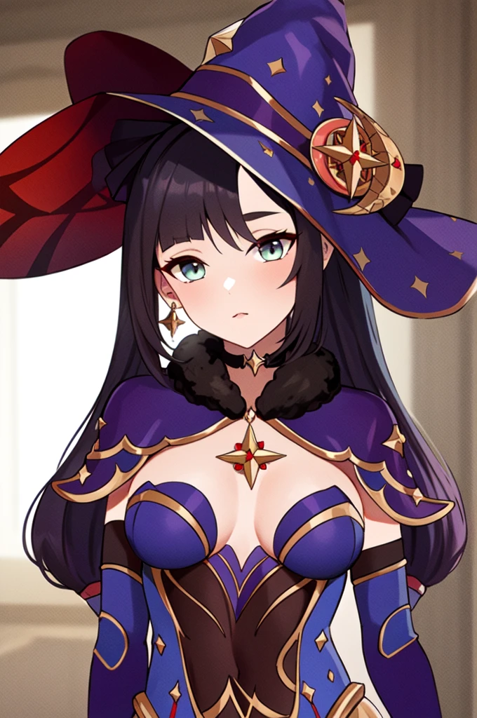 Highest quality, masterpiece, Mona, Witch Hat, Body stockings, Removable sleeves, choker, Hair Ribbon, Earrings, Capelet, View your viewers, Upper Body, Genshin Impact,